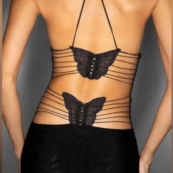 I.AM.GIA Ellery Dress Black Butterfly Long Large New with Tags - Picture 1 of 12